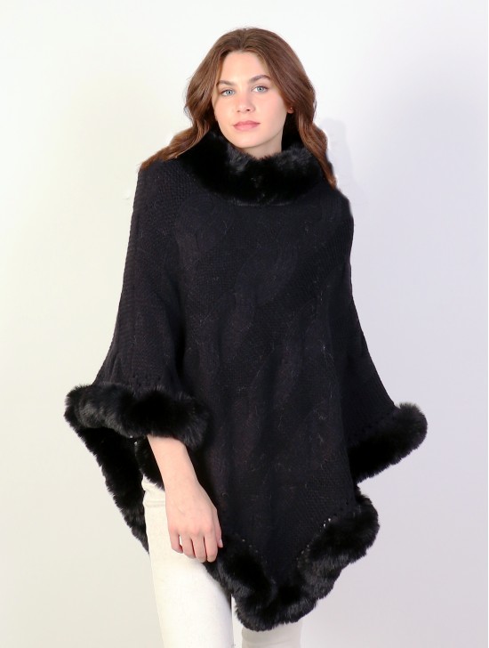 Solid Color Knitted Poncho W/ Fur Collar & Trim